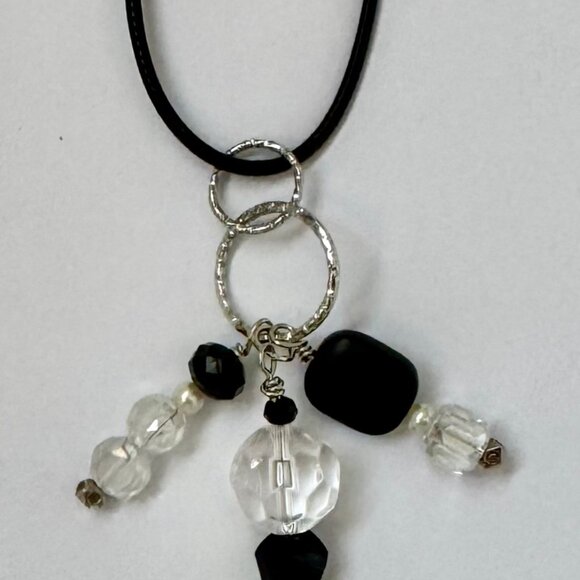 Necklace handmade 3 tier dangle silvertone hamsa clear black glass/beads OOAK - Picture 4 of 9